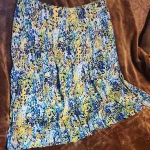 Talbots Blue Yellow Green Abstract Pleated A-Line Skirt
